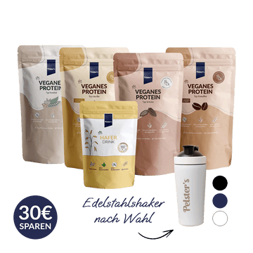 pelsters großes Probierset mit veganem protein typ vanille, schoko, eiskaffee, neutral, bio haferdrink und einem edelstahlshaker nach Wahl und 30€ sparen