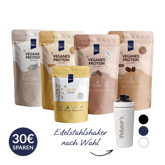 pelsters großes Probierset mit veganem protein typ vanille, schoko, eiskaffee, neutral, bio haferdrink und einem edelstahlshaker nach Wahl und 30€ sparen