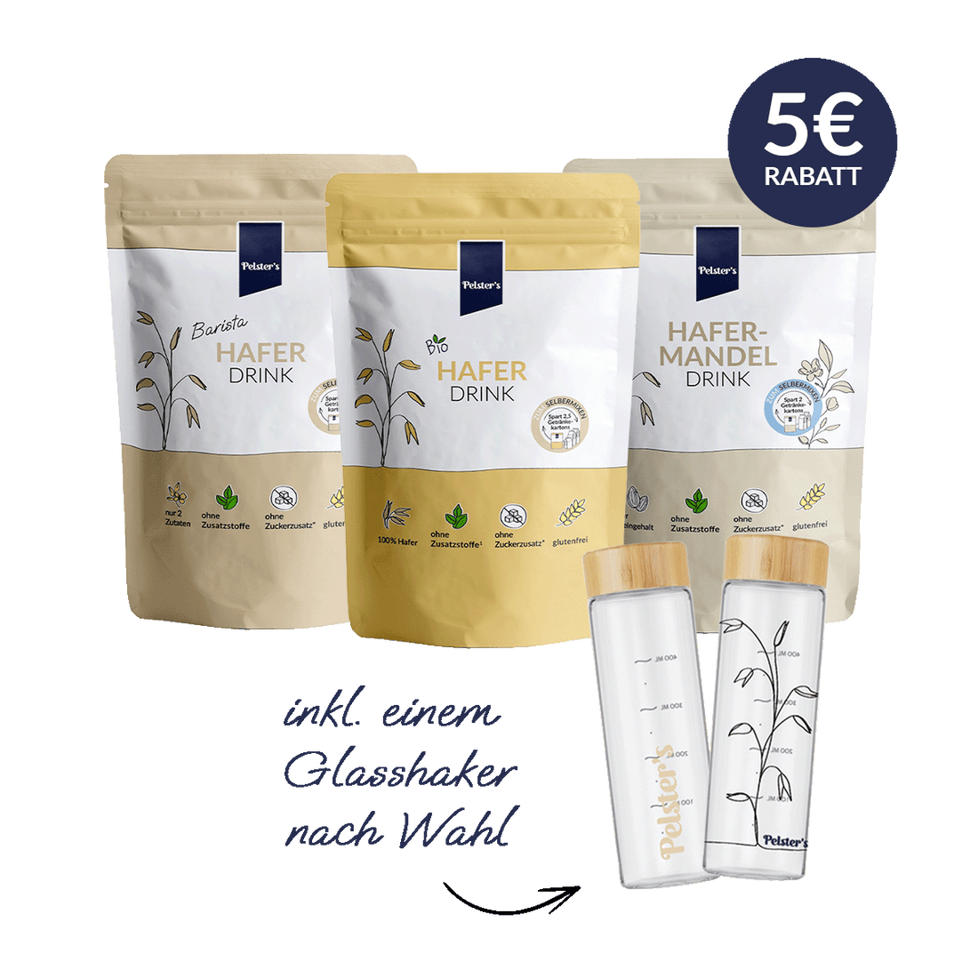pelsters haferdrink starter bundle barista haferdrink, bio haferdrink, hafer mandeldrink und glasshaker