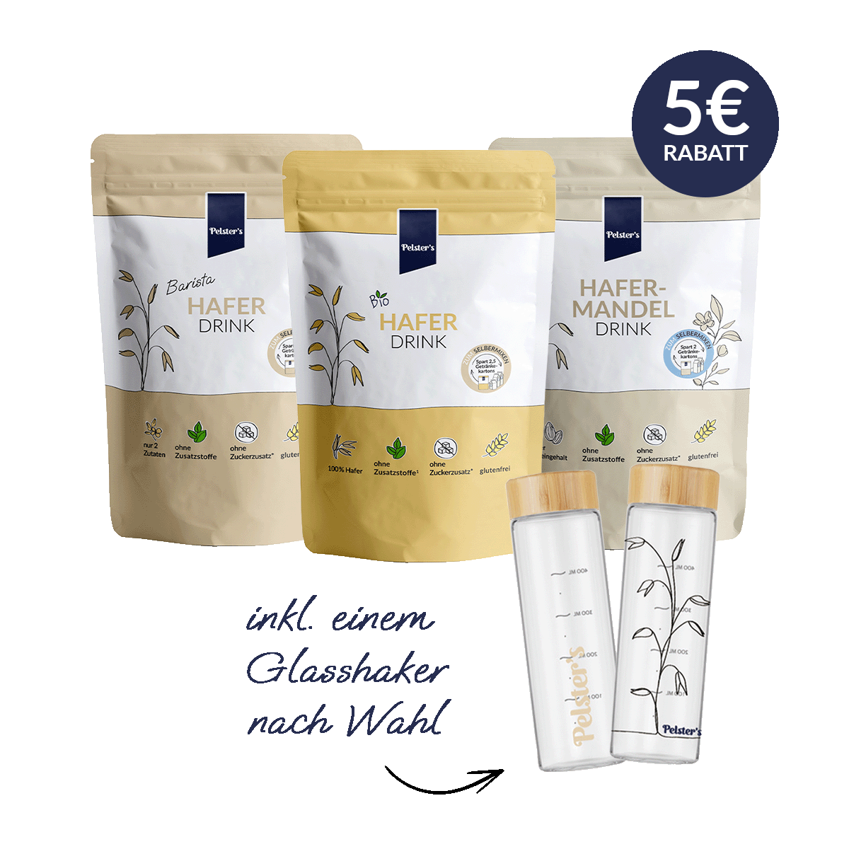 pelsters haferdrink starter bundle barista haferdrink, bio haferdrink, hafer mandeldrink und glasshaker