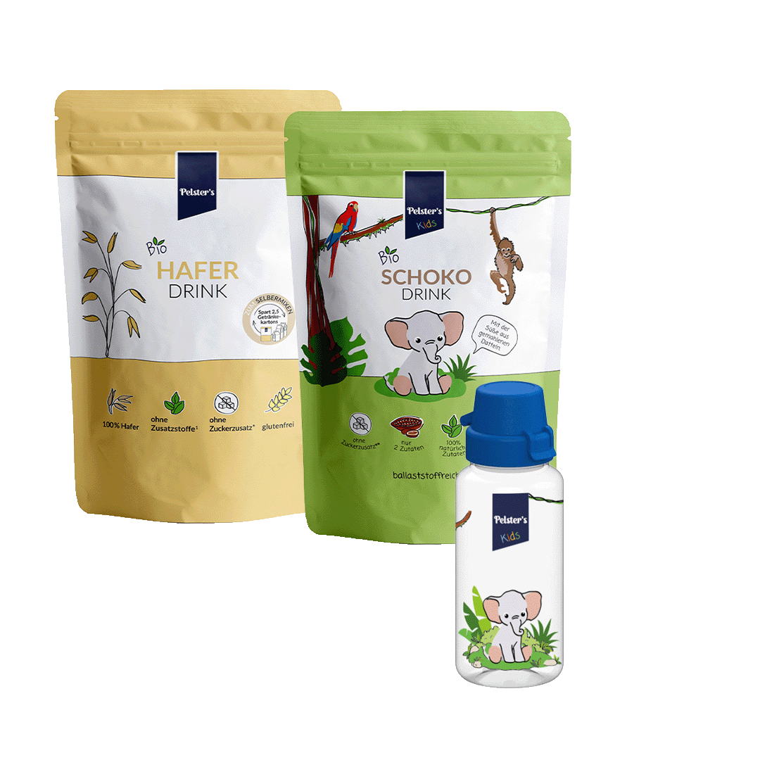 pelsters Kakaoliebhaber starterpaket mit bio haferdrink 250g und bio schokodrink 200g und einer kids trinkflasche in blau
