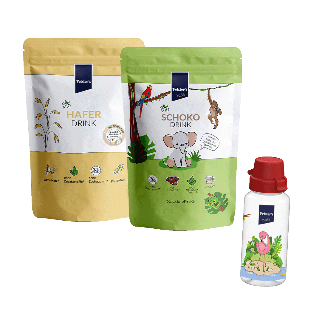 pelsters Kakaoliebhaber starterpaket mit bio haferdrink 250g und bio schokodrink 200g und einer kids trinkflasche in rot