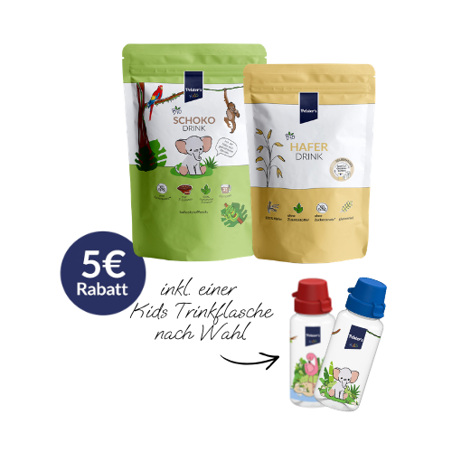 pelsters Kakaoliebhaber starterpaket mit bio haferdrink 250g und bio schokodrink 200g und einer kids trinkflasche nach Wahl und 5€ sparen