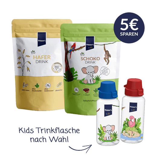 pelsters Kakaoliebhaber starterpaket mit bio haferdrink 250g und bio schokodrink 200g und einer kids trinkflasche nach Wahl und 5€ sparen