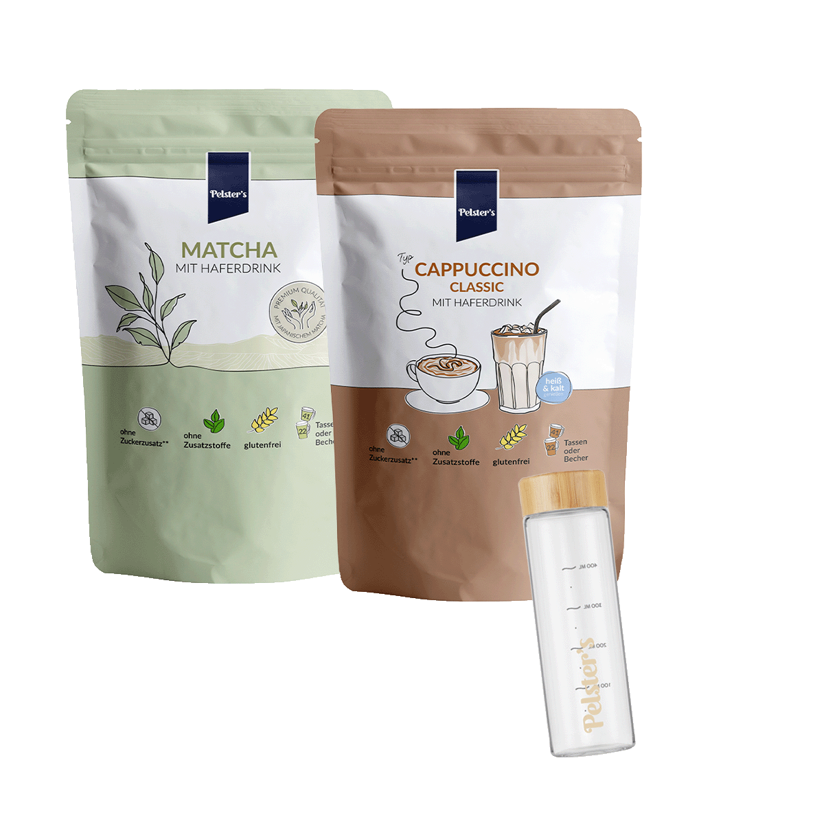 pelsters matcha und Cappuccino Bundle mit Glasshaker bold