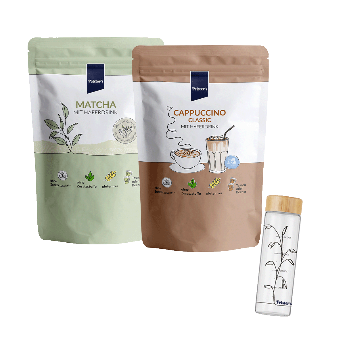 pelsters matcha und Cappuccino Bundle mit Glasshaker oat