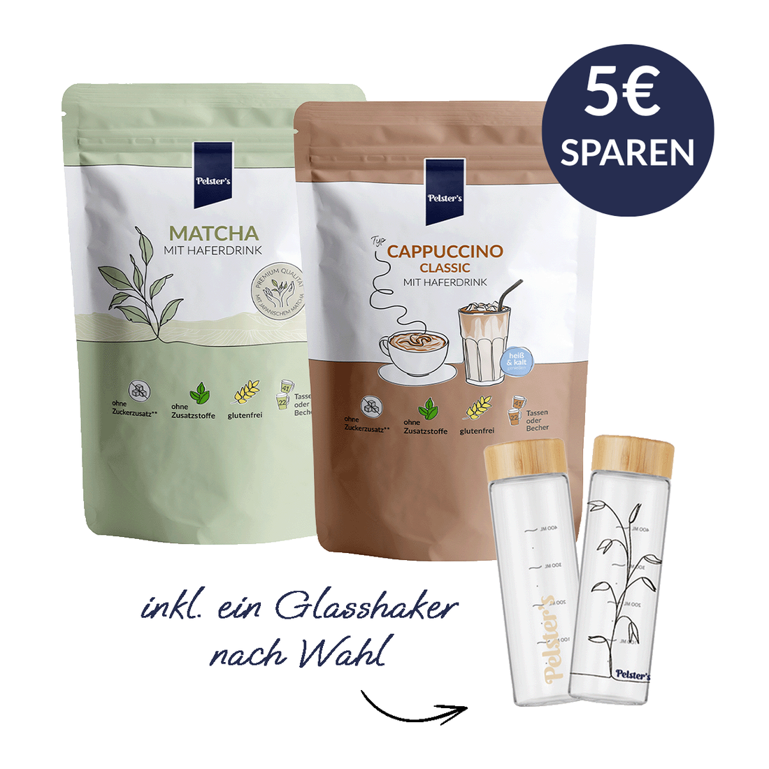 pelsters matcha und Cappuccino Bundle mit Glasshaker nach wahl