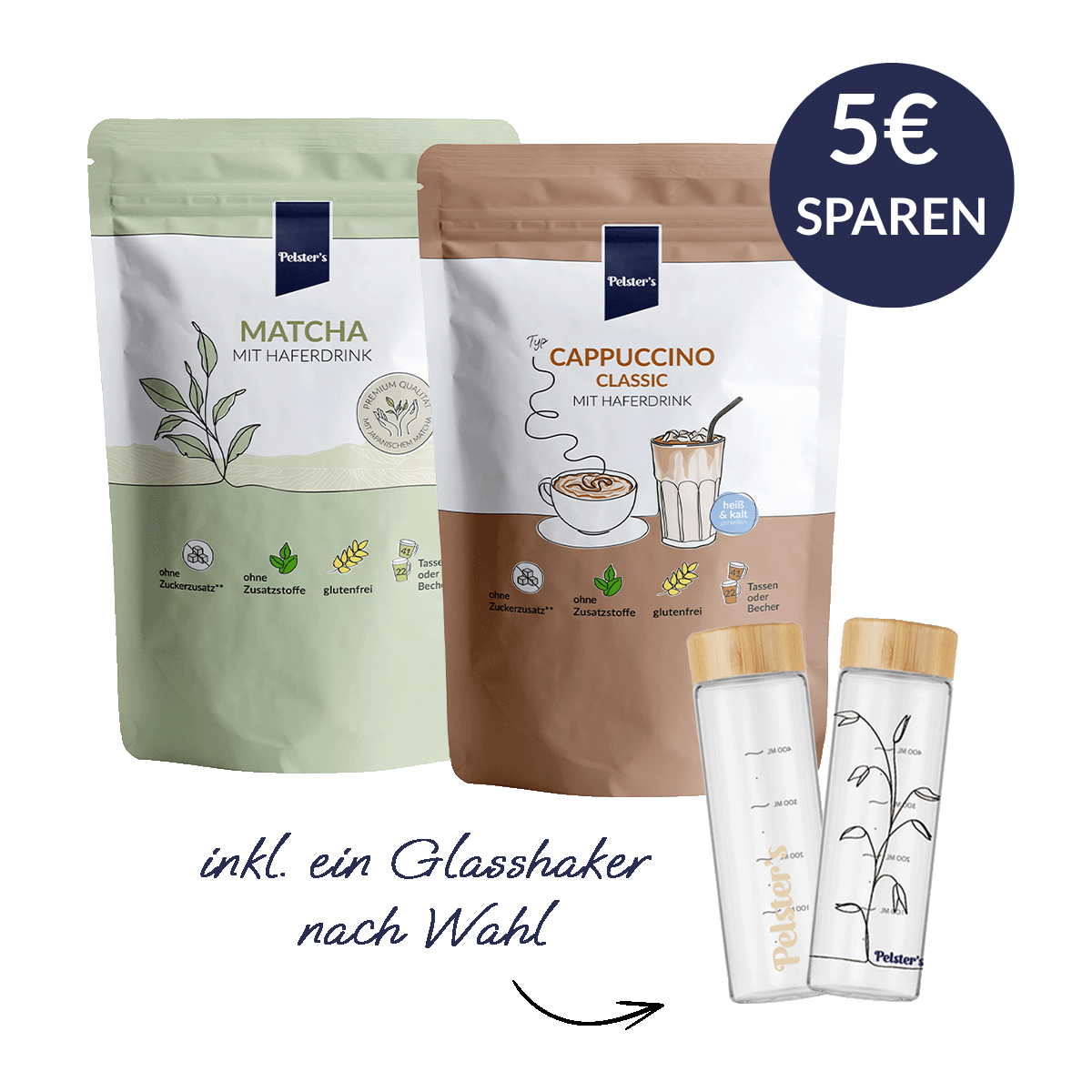 pelsters matcha und Cappuccino Bundle mit Glasshaker nach wahl