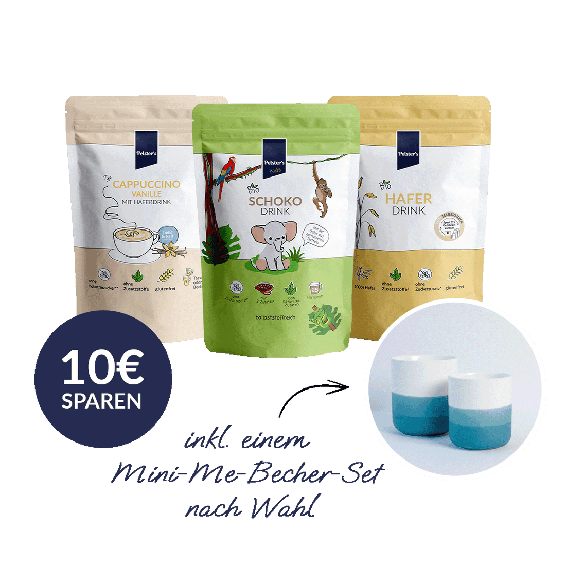 Pelster's Mini Me Bundle mit einem großen und einem kleinen Becher in fünf Farben erhältlich zum Cappuccino Vanille, Schokodrink und Bio Haferdrink