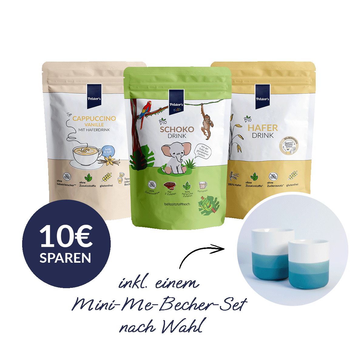 Pelster's Mini Me Bundle mit einem großen und einem kleinen Becher in fünf Farben erhältlich zum Cappuccino Vanille, Schokodrink und Bio Haferdrink
