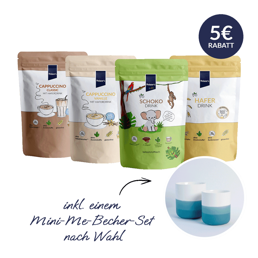 pelsters mini me bundle mit bio schokodrink, bio haferdrink, cappuccino Vanille, Cappuccino Classic und 2 Bechern