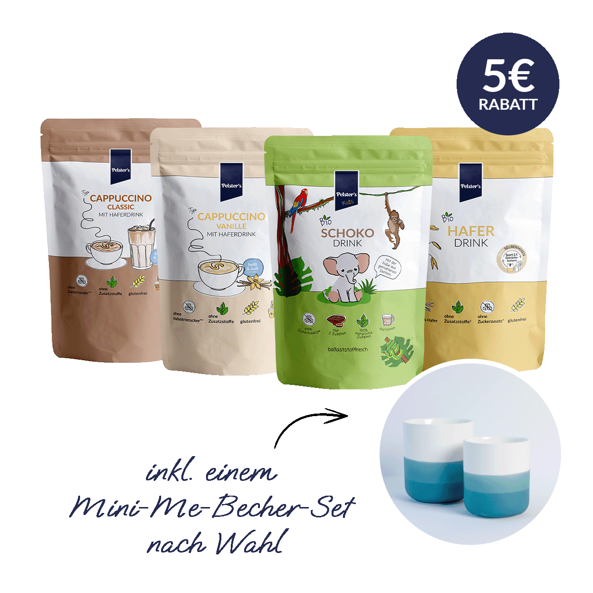 pelsters mini me bundle mit bio schokodrink, bio haferdrink, cappuccino Vanille, Cappuccino Classic und 2 Bechern