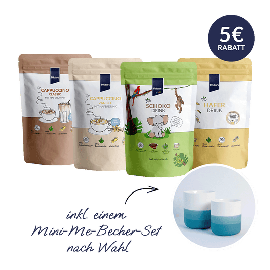 pelsters mini me bundle mit bio schokodrink, bio haferdrink, cappuccino Vanille, Cappuccino Classic und 2 Bechern