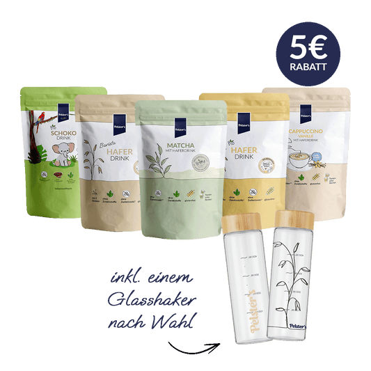 pelsters probier box mit matcha, bio haferdrink, barista Haferdrink, Bio Schokodrink, cappuccino Vanille und Glasshaker