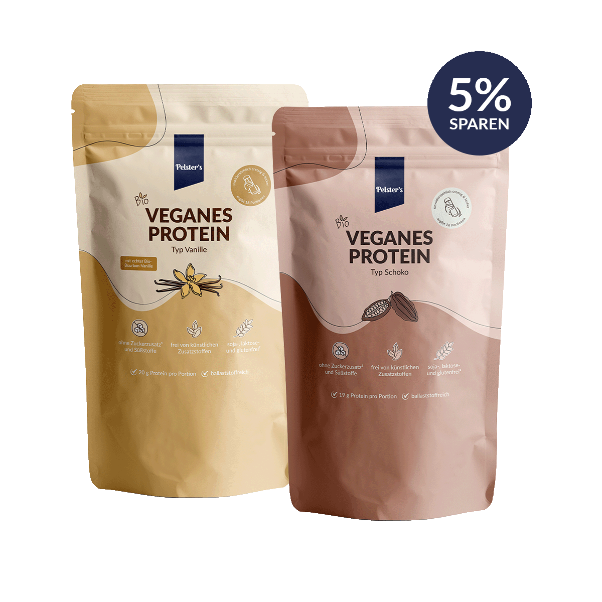 pelsters protein klassiker set mit veganem protein typ Schoko und vanille 5% sparen