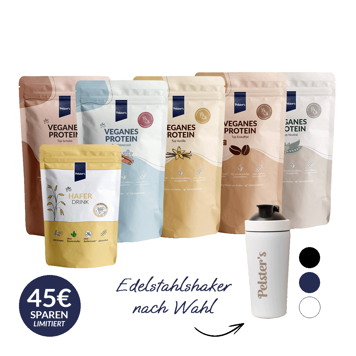 pelsters protein komplett set limitiert mit veganem protein typ vanille, schoko, eiskaffee, neutral, Winterzeit, Bio Haferdrink und einem Edelstahlshaker nach wahl
