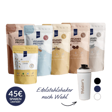 pelsters protein komplett set limitiert mit veganem protein typ vanille, schoko, eiskaffee, neutral, Winterzeit, Bio Haferdrink und einem Edelstahlshaker nach wahl