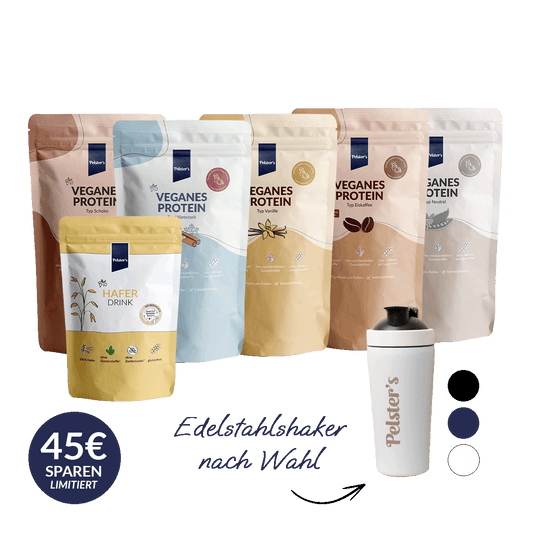 pelsters protein komplett set limitiert mit veganem protein typ vanille, schoko, eiskaffee, neutral, Winterzeit, Bio Haferdrink und einem Edelstahlshaker nach wahl