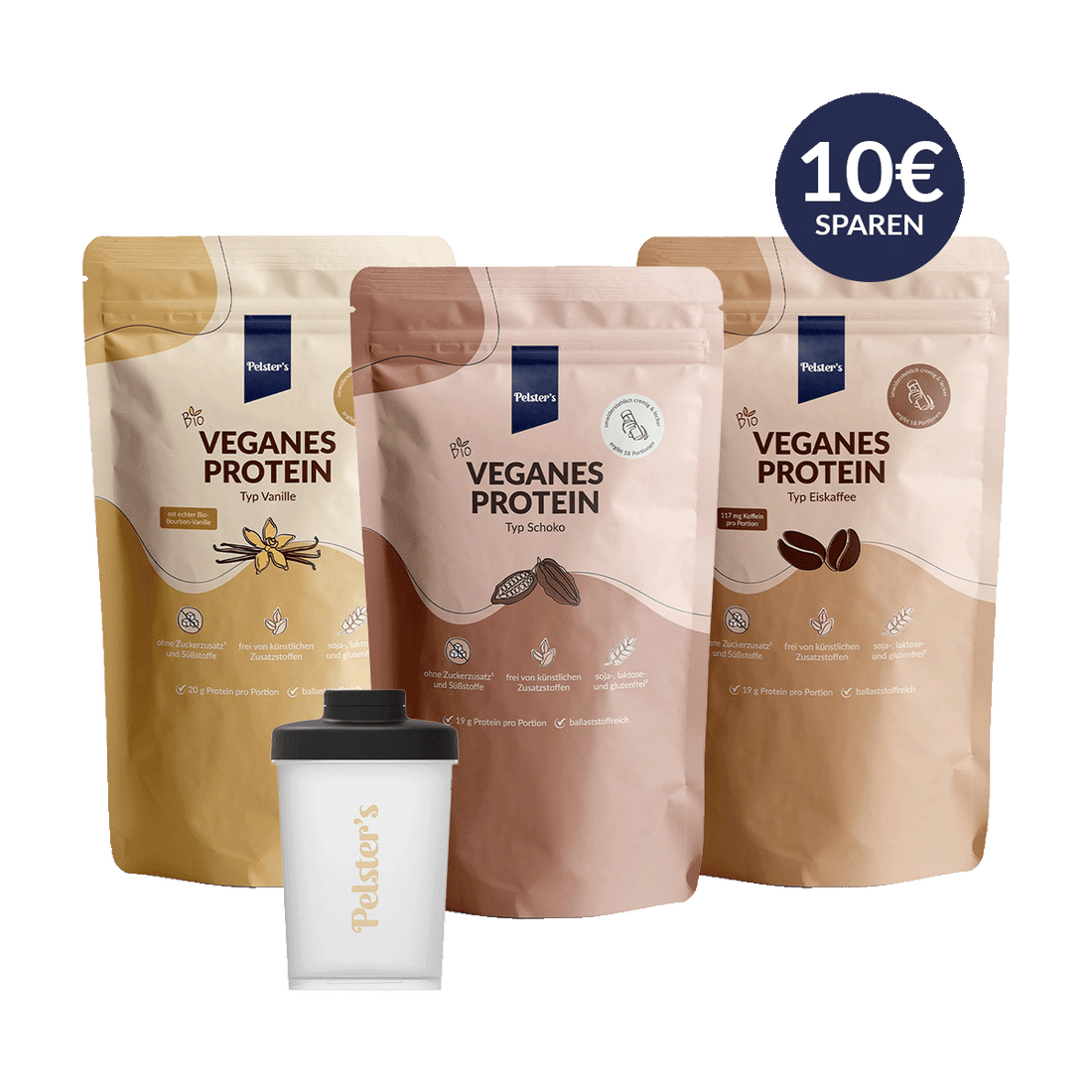 pelsters protein starter set mit veganem protein typ vanille, typ schoko, typ eiskaffee und einem Plastikshaker