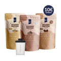 pelsters protein starter set mit veganem protein typ vanille, typ schoko, typ eiskaffee und einem Plastikshaker