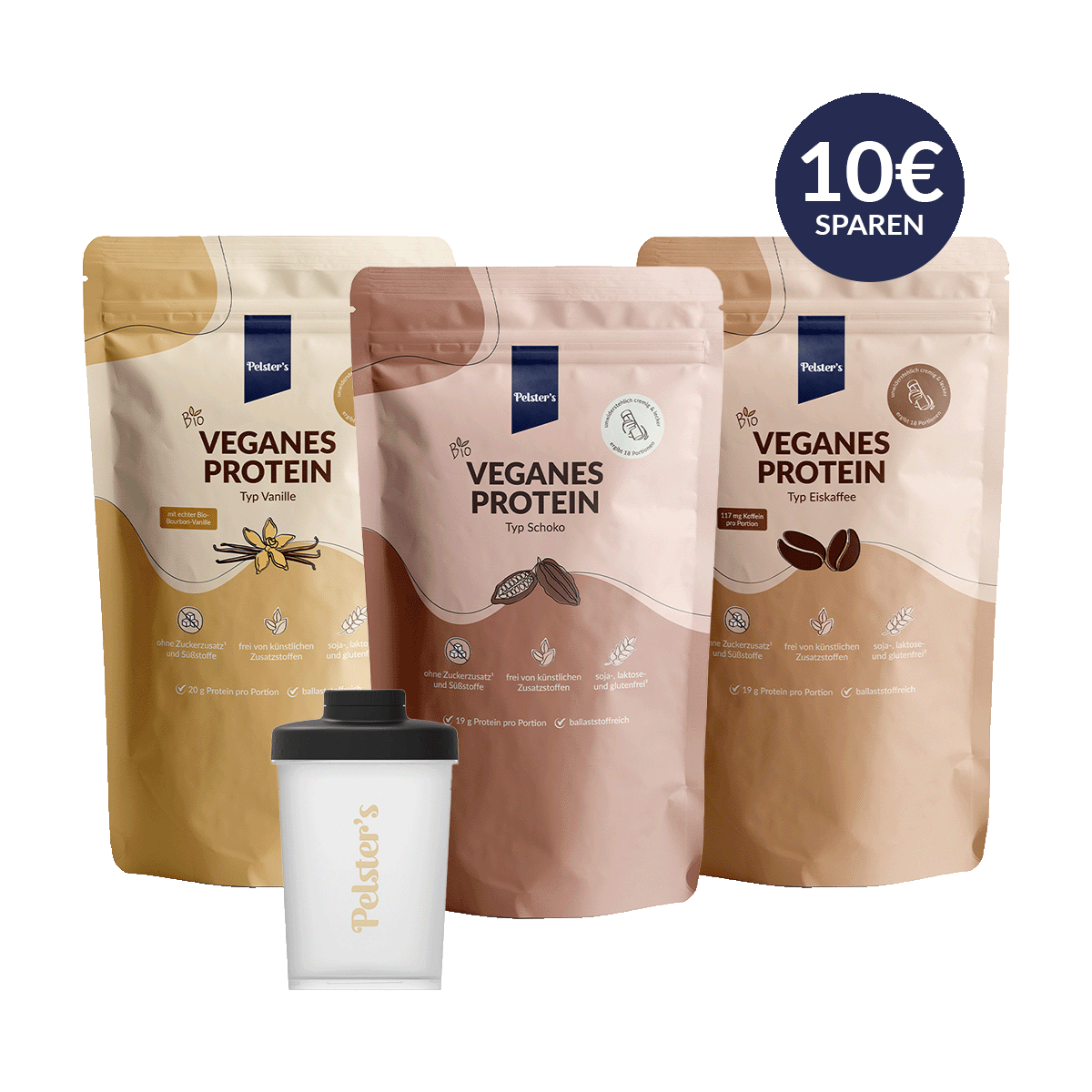 pelsters protein starter set mit veganem protein typ vanille, typ schoko, typ eiskaffee und einem Plastikshaker