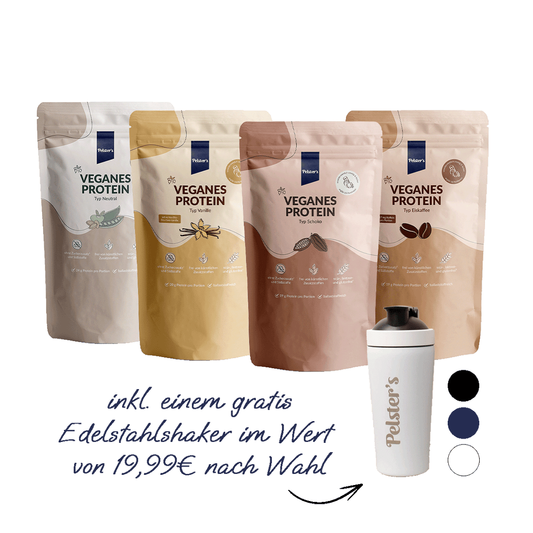 pelsters protein starter set mit veganem Protein Vanille, Schoko, Eiskaffee, neutral und Edelstahlshaker gratis
