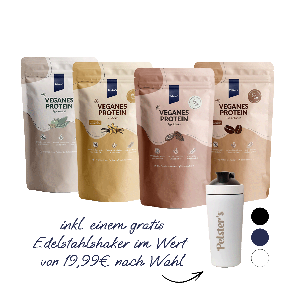pelsters protein starter set mit veganem Protein Vanille, Schoko, Eiskaffee, neutral und Edelstahlshaker gratis