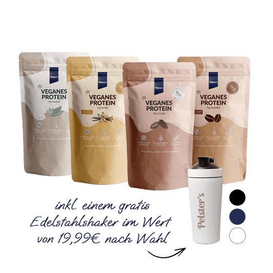 pelsters protein starter set mit veganem Protein Vanille, Schoko, Eiskaffee, neutral und Edelstahlshaker gratis