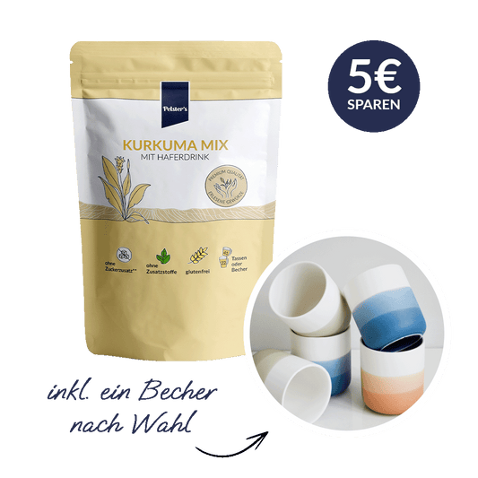 pelsters Sonnengruß bundle mit Kurkuma Mix mit Haferdrink und einem Becher nach Wahl und 5€ sparen